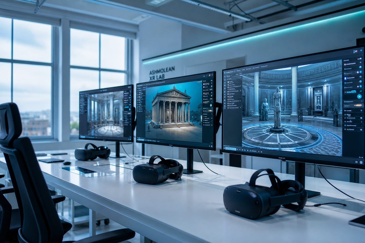 RUNIX DATA VR development laboratory with multiple screens showing museum virtual environments