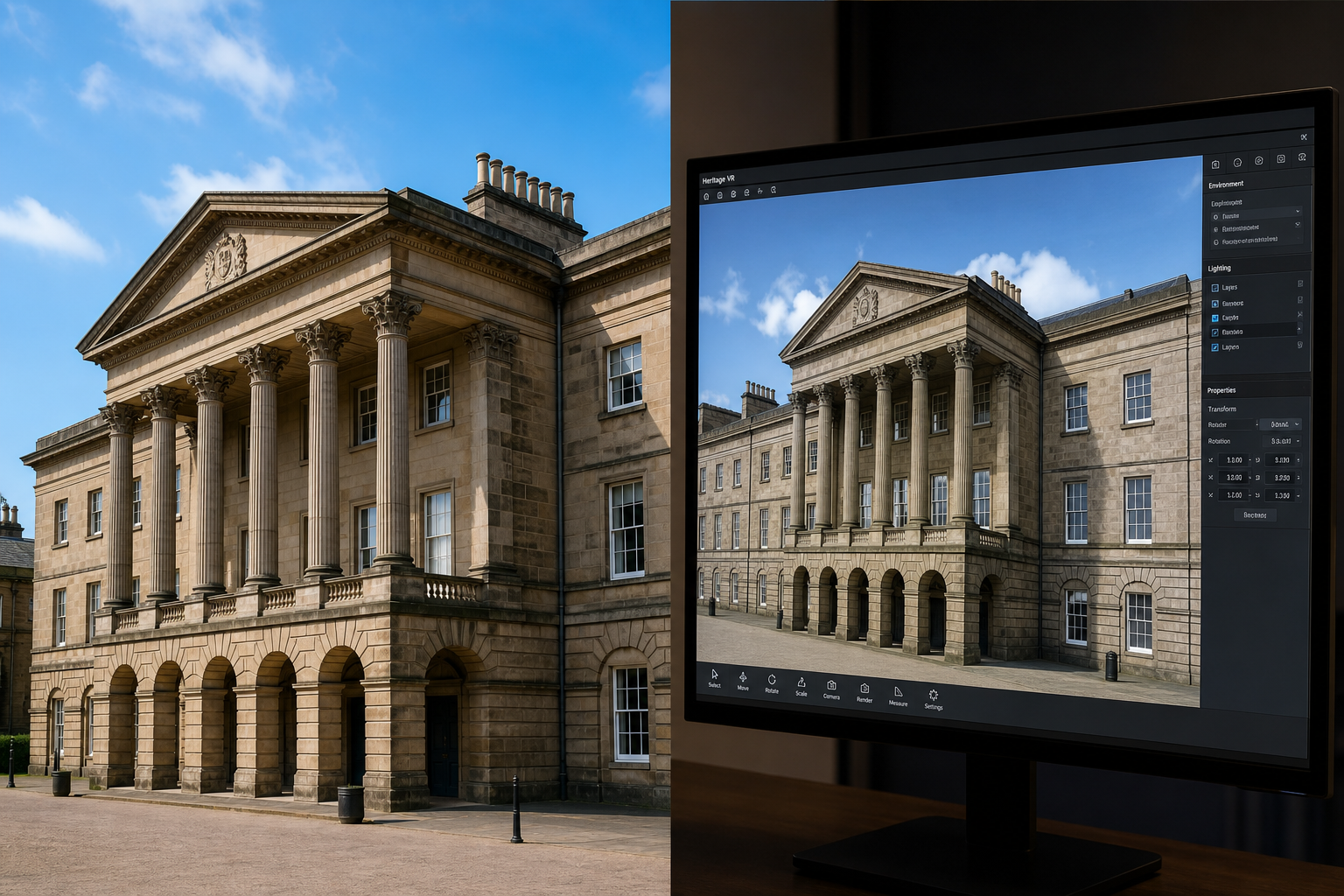 Historic manor house alongside its VR digital recreation
